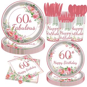 Juego de Platos de Papel con Diseño Floral para el 60.º Cumpleaños, con Vasos, Servilletas y Cubiertos para Decoración de Fiestas - Product Image 1