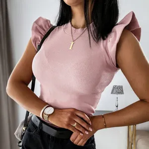 New Trendy Fashion Woman Blouse Casual Latest Shirts Designs For Women Solid Color Fly Sleeve Ruffled Shirts