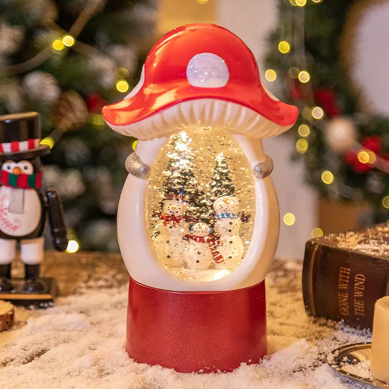 Nuevo diseño especial LED Flash Caja de música de Navidad Forma de hongo Bola de agua de cristal Decoración Luces de Navidad elegantes