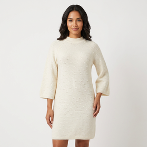 Vestido de Suéter de Lana Texturizada Blanca para Mujer, Cuello Alto, Manga Tres Cuartos, Midi, Informal, Tejido, de la Marca Prime Vista Exports - Product Image 1