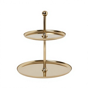 Base Redonda de Dos Niveles para Pastel, de Metal Dorado, con Adorno de Bola en la Parte Superior - Product Image 1