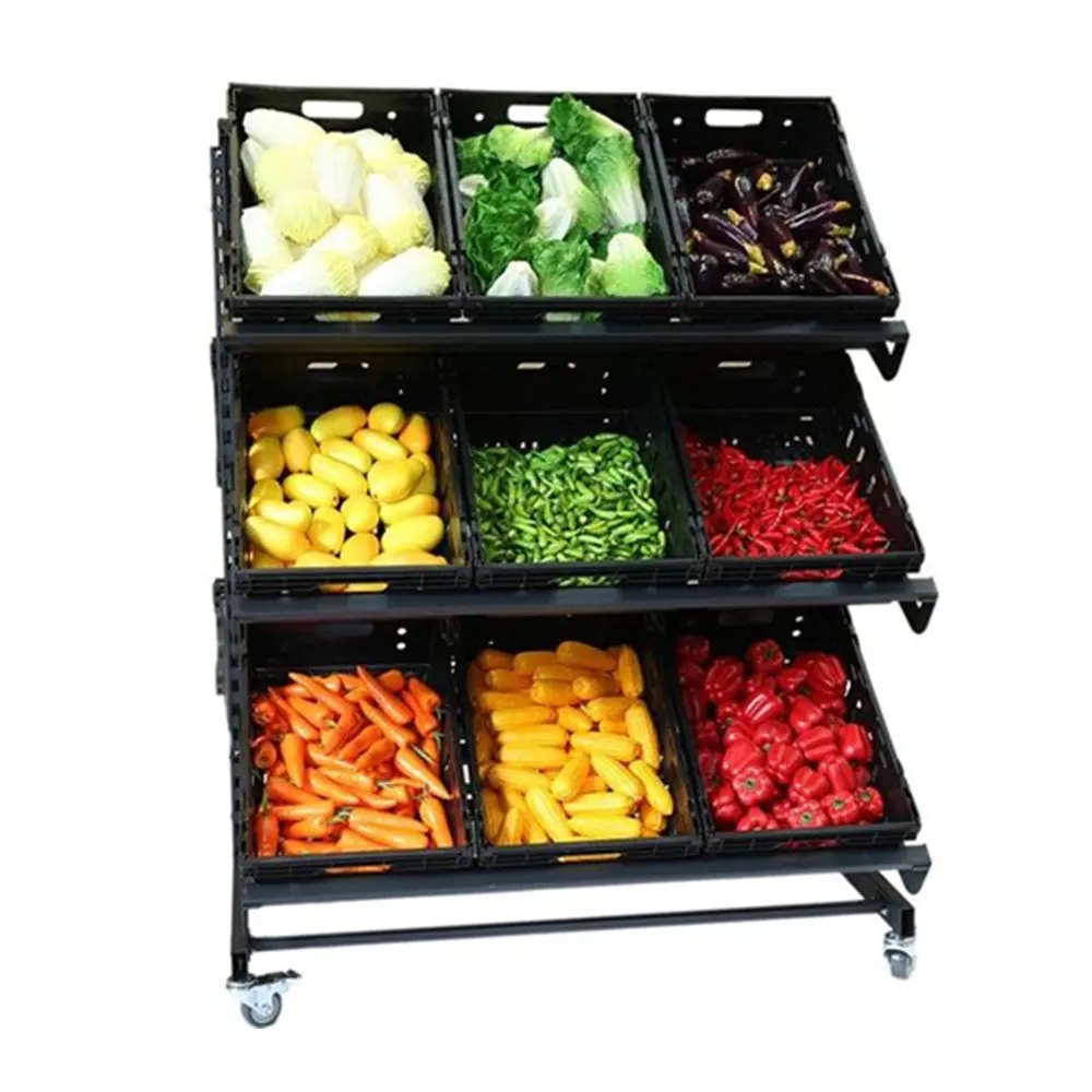 Góndola-estante de exhibición de tienda OEM personalizado, expositor móvil de frutas y verduras de 3 capas, 1200mm