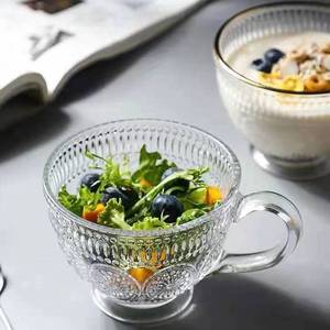 Modern Vintage Embossed Glass Cups Clear Breakfast <strong>Mugs</strong> <strong>with</strong> <strong>Handle</strong> <strong>Stackable</strong> Drinkware for Water Beer for Parties - Product Image 6