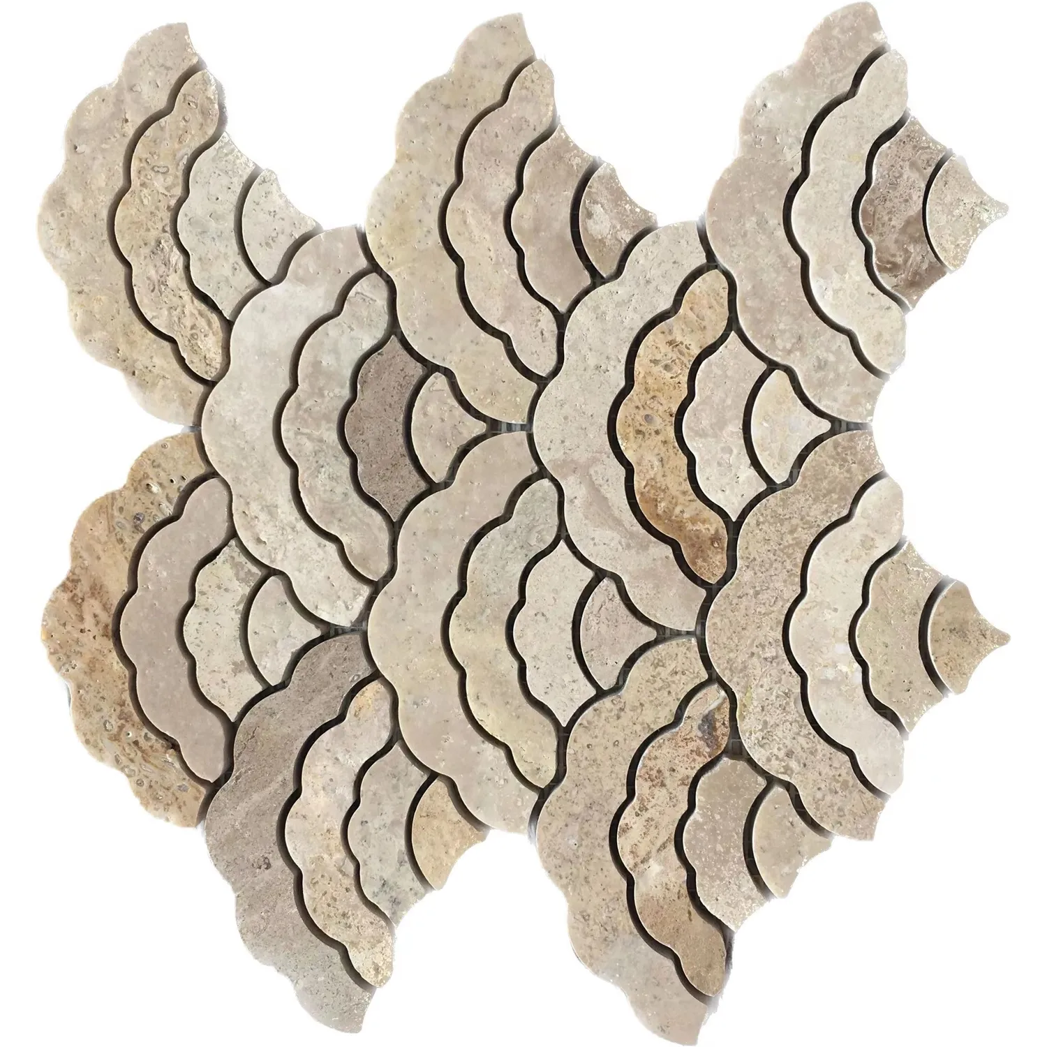 Tessere di mosaico di travertino Beige a forma di ventaglio popolare europeo per il modello a getto d'acqua della parete della doccia