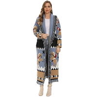 Herbst Winter Bohème Jacquard Strickjacke Damen Vintage Langarm Extra Langer Pullover Mantel