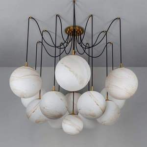 <b>Modern</b> Alabaster Round Chandelier With Gold Accents E27 <b>LED</b> Pendant <b>Light</b> For Living Room <b>Ceiling</b> Fixture - Product Image 1