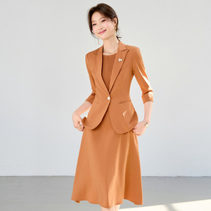 Women's Green Suit <b>Set</b> Three Quarter Sleeve Solid Color <b>Blazer</b> Dress Office Wear Anti Wrinkle Slim Fit - Product Image 3