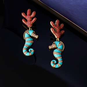 Pendientes Retro de Caballito de Mar con Incrustaciones de Coral, un Accesorio de <span class=keywords><strong>Moda</strong></span> con Sentido del Diseño, Pendientes Vintage - Product Image 2