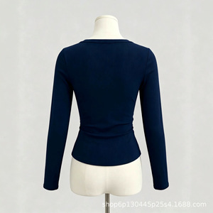 Nueva Blusa de Punto con Cuello en V, Ajustada y de <span class=keywords><strong>Manga</strong></span> Larga, Estilo Europeo Americano 2026, con Cintura Fruncida, Blusa <span class=keywords><strong>Corta</strong></span> para Chicas Modernas, Venta al por Mayor Transfronteriza - Product Image 4