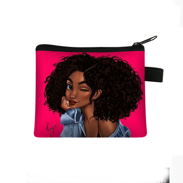 Fashion Print Student Card Holder Bag Polyester Portable Cartoon African Girl Pattern Coin Purse