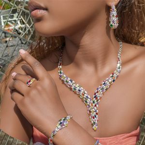 Juego de Joyería de Moda para Mujer, 4 Piezas, Chapado en Rodio, Cobre/Latón, con Circonita Cúbica, Aretes Colgantes, Collar, Pulsera y Anillo, para Novia - Product Image 2