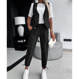 Conjunto Casual de 2 Piezas para Mujer, Chaleco Estampado a Rayas con Bolsillos y Pantalones, Moda Casual - Product Image 1