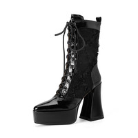 Bottines noires à plateforme pour femmes, style gothique, avec patchwork floral 3D en dentelle, bout carré et talon bloc haut