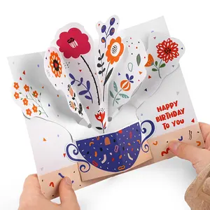 Buquê de flores femininas 3D pop-up criativo feito à mão, cartões de aniversário diários com envelopes, fabricante novo