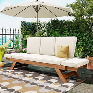 Chaise longue <span class=keywords><strong>de</strong></span> patio extensible 3-en-1 en bois d'acacia, réglable, résistante aux UV et à l'eau, finition naturelle, canapé d'extérieur - Product Image 1