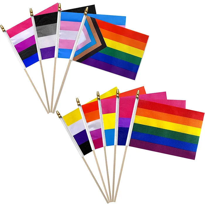 Promocional Pequeno Mini Arco-Íris Lésbico Orgulho Gay LGBTQ Acenando Bandeira à Mão Com Polo Plástico Para Celebração Parte Feriado