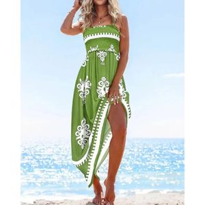 2025 गर्मियों में महिलाओं के स्ट्रैपलेस प्रिंट मैक्सी ड्रेस उच्च कमर की तरफ स्लाइड आकस्मिक समुद्र तट छुट्टी रिसॉर्ट - Product Image 5