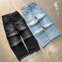 QYOURECLO Jean en denim pour homme, 100% coton, personnalisé, effet vieilli, double taille, délavé, coupe droite ample
