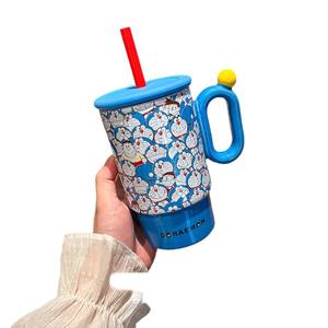 Doraemon Ceramic Straw Cup With Lid And Handle Large Capacity Hand Painted Underglaze Colors Gift For Couple Birthday - Product Image 4