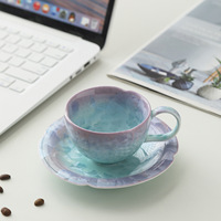 Ensemble tasse et soucoupe en céramique émaillée cristalline, tasse à café ou à thé irisée pastel avec bord festonné