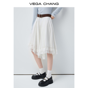 VEGA CHANG Mori Girl Bohemian Màu trắng mềm mại, xếp tầng, xếp nếp, cạp cao, kiểu Hàn Quốc, váy không đều nhau, kiểu dáng bất quy tắc - Product Image 3