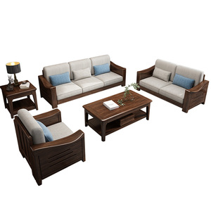 <b>Walnut</b> Wood Living Room Sofa Set Solid Wood Modern Minimalist Chinese Style L Shaped Upholstered Foam Filling - Product Image 1