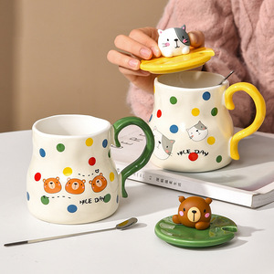 Large Capacity Water Cup Cartoon Animal Ceramic Mug Novelty Polka Dots Coffee Mugs with Lid Spoon - Product Image 4