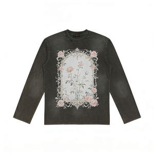 Haut à manches longues gris foncé délavé vintage avec un imprimé floral rétro élégant, motif romantique de pivoine et de <span class=keywords><strong>rose</strong></span>, streetwear - Product Image 1