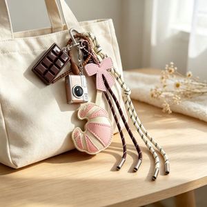 Llavero de coche colgante de cuero sintético con diseño de cruasán de dibujos animados y cuerda trenzada, ideal como regalo - Product Image 3
