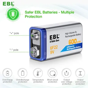 EBL 9 Volt Batteries Rechargeable Battery 600mAh Lithium Ion Battery