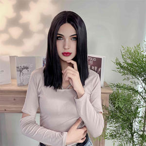 Perruque Bob <span class=keywords><strong>mi</strong></span>-longue, style européen américain, nouvelle tendance, noire, raie au milieu, <span class=keywords><strong>cheveux</strong></span> <span class=keywords><strong>courts</strong></span> et lisses - Product Image 1
