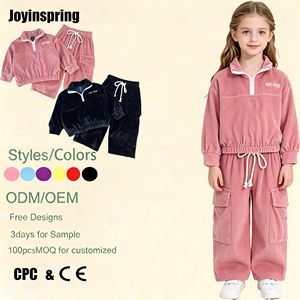 Ensemble en velours côtelé 2 pièces pour enfants : Haut demi-zip et pantalon cargo à cordon de serrage – Tenue décontractée douce et chaude pour filles - Product Image 1