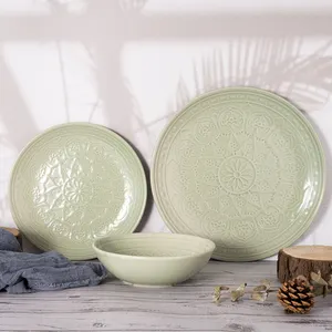 Custom Printed Ceramic Tableware Manufacturers Green 18 pcs 3D Embossed Ceramics Tableware