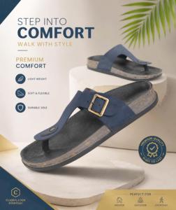 Chanclas clásicas de microfibra de cuero azul marino con hebilla y suela de goma, sandalias de verano con punta abierta. - Product Image 3