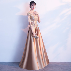 Elegant Gold Long Satin Evening <b>Dress</b> Scoop Neck <b>A</b>-<b>Line</b> Empire Waist For Hostess Choir Performances - Product Image 4