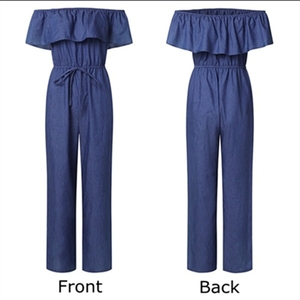 Combinaison-Pantalon Large en Jean à Manches Courtes Col Bateau pour Femme, Style Chaud Été <span class=keywords><strong>2021</strong></span> - Product Image 4