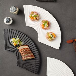 Fan Stripe Frosted Black White <b>Ceramic</b> <b>Plate</b>, Irregular Japanese Sushi <b>Plate</b>, Creative Dessert Platter for Home Hotel Restaurant - Product Image 2