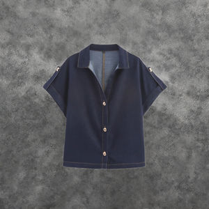 Haut en denim respirant et écologique à manches courtes et col en V, style vintage européen et américain, collection automne-été 2025 pour femme - Product Image 3