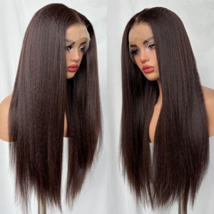 <span class=keywords><strong>Parrucca</strong></span> Sintetica Glueless 13x6 con Frontale in Pizzo, Lunga, Liscia Effetto Yaki, Marrone Cioccolato, <span class=keywords><strong>Afro</strong></span> Kinky Liscia per Donne Nere - Product Image 1