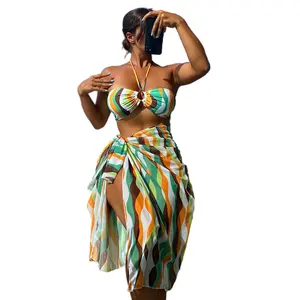 새로운 줄무늬 거즈 수영복 아마존 비키니 여성 카디건 크롭 수영복 3 피스 세트 도매