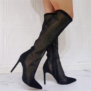 Botas de tacón de aguja altas hasta la rodilla para mujer, con parte superior de malla, tallas grandes, ajuste amplio para pantorrilla, botines de verano, tacones altos - Product Image 4