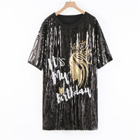 Mini-robe en jersey à sequins pour anniversaire, col rond, manches courtes, motif lettres, taille naturelle, écologique, lavable, style Hip Hop