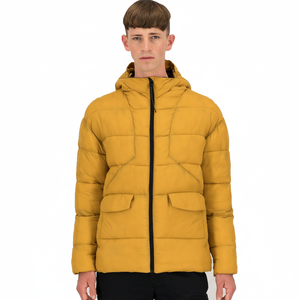 เสื้อแจ็คเก็ตพัฟเฟอร์ฤดูหนาวคุณภาพสูงสำหรับผู้ชาย สไตล์แฟชั่นขายส่งแบบกำหนดเอง มีฮู้ดยาว ผ้าแคนวาส โลโก้ด้านหน้า สภาพใหม่ กันน้ำ - Product Image 1