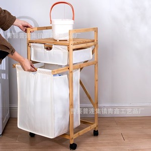 Bamboo Wood 3 Tier Laundry <b>Cart</b> With Wheels For Bedroom Bathroom <b>Storage</b> Canvas Organizer - Product Image 1