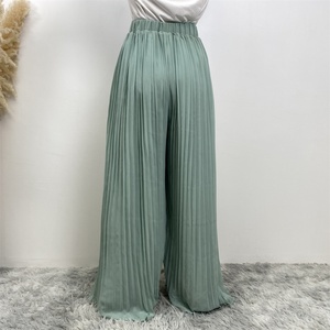 2296# Pleated Chiffon Gorgeous Wide Leg Pants With Elastic Waistband Islamic Women <b>Summer</b> Fashion Long Trousers 3 Colors - Product Image 2