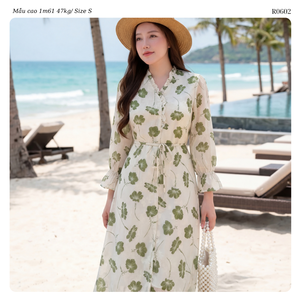 Women’s Floral Chiffon Long Sleeve Midi Dress Ruffle Collar Button Front Tie Waist A Line Dress OEM ODM from Vietnam - Product Image 5