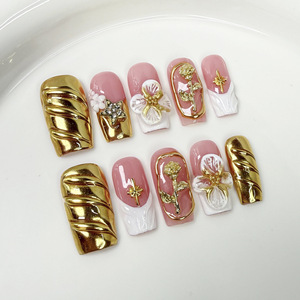 <span class=keywords><strong>Uñas</strong></span> Postizas de Alta Calidad Hechas a Mano con Diseño Floral 3D, <span class=keywords><strong>Uñas</strong></span> Cuadradas Removibles de Presión, Venta al por Mayor - Product Image 4
