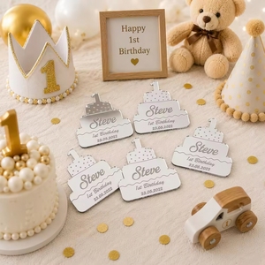 Étiquettes personnalisées en acrylique pour le premier <span class=keywords><strong>anniversaire</strong></span>, en forme de gâteau, avec nom et date personnalisés, remerciements, faites à la main, imperméables, décoration de fête pour bébé - Product Image 6