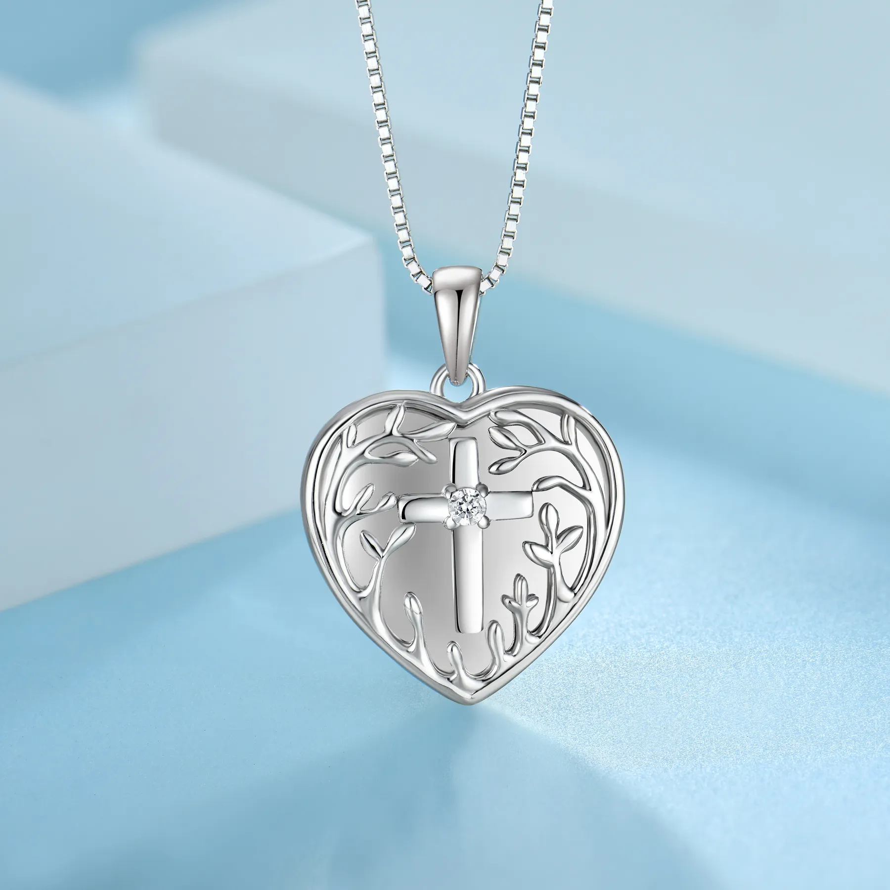 Mode personnalisé breloques colliers médaillons 925 argent sterling forme de coeur croix impression médaillon