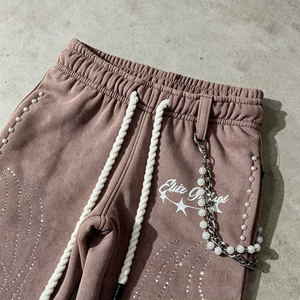 Conjunto de chándal de invierno para <span class=keywords><strong>hombre</strong></span> con lavado ácido personalizado, pedrería y perlas, pantalones de chándal acampanados de doble cintura y sudadera con capucha - Product Image 5